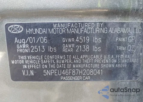 2007 Hyundai Sonata Limited/Se V6 z USA, uszkodzony, nr VIN 5NPEU46F87H208041